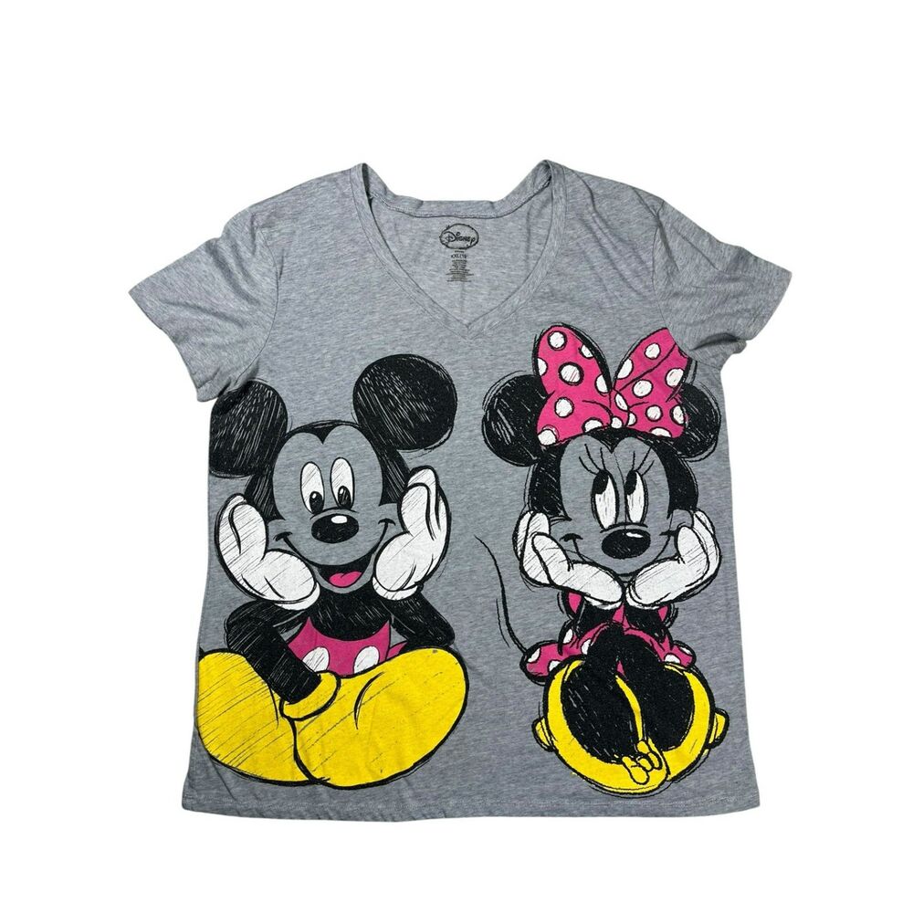 Disney Mickey Minnie Mouse Graphic Tee Gray XXL V-Neck Short Sleeve